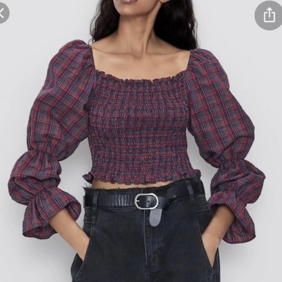Zara Plaid Puff Top Victorian crop top - Picture 4 of 5